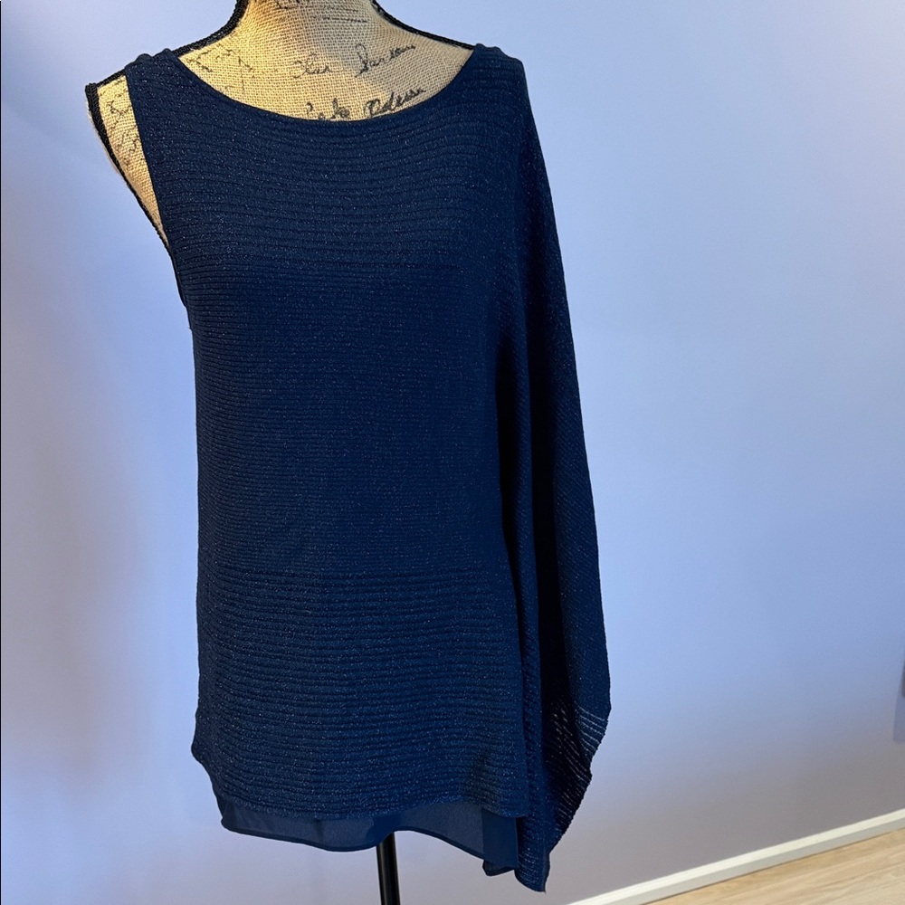 White House Black Market Shimmer Navy Knit Top with cami underlay